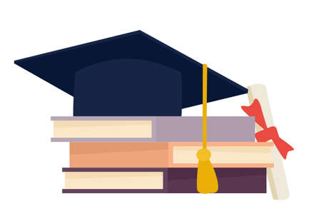 Grad hat and diploma with books isolated on white background. Vector cartoon flat design illustrationのイラスト素材