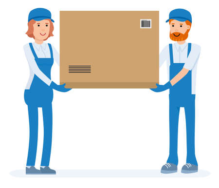 Warehouse worker holding package on the shoulder for delivery to customer. Warehouse workers cartoon character set. Vector flat-style illustrationのイラスト素材