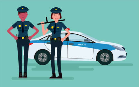 Woman police officers. Guardians of order. Vector flat cartoon design illustration isolated on white background.のイラスト素材
