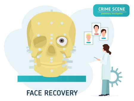 Crime scene investigation. Restoration of the face on the skull. Forensic examination concept banner. Flat cartoon vector illustration.のイラスト素材