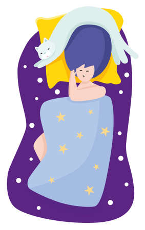 A young woman is sleeping in a bed with a cat next to her. Colorful vector illustration in cartoon style.のイラスト素材