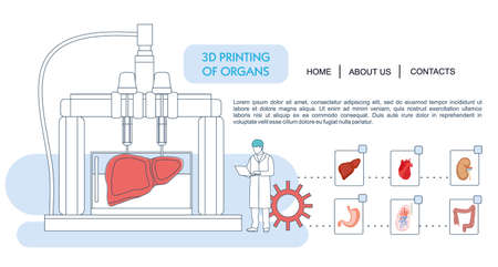 Landing page template. Bioprinting concept, 3D printing of the liver, stomach, lungs, kidneys and heart. scientists with 3D printer. Colorful vector illustration in flat outline style.のイラスト素材