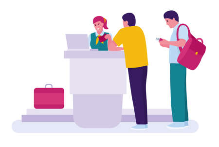 Man with passports and boarding passes at the front desk in airport. registration on airlin. White...