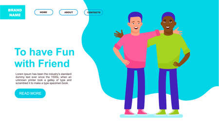 Happy meeting of two friends. Website or landing page. Multicultural friendship concept illustration. Vector illustration in a flat styleのイラスト素材