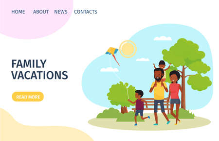 happy young family in the park. Landing page for design. Vector illustration in flat style.のイラスト素材