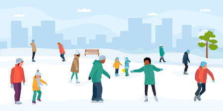 Ice skaters having fun in park. Crowd of people at the rink. Vector flat cartoon illustration.のイラスト素材