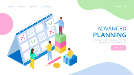 Isometric concept of Planning for banner and website. Landing page template. Team of businessmen are constructing business plan.のイラスト素材