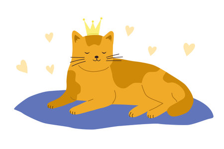 A cat with a crown on his head is lying on a pillow. vector cartoon flat illustrationのイラスト素材