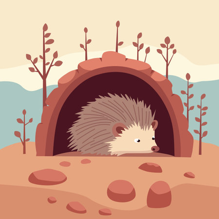 Cute hedgehog in a hole made of wood in the forestのイラスト素材