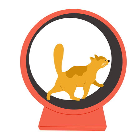 Exercise wheel for cat. pet fitness. Exercise for cat indoors. Vector flat cartoon illustration isolated on white background.のイラスト素材