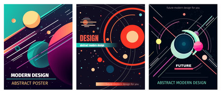 Set of vector abstract modern design illustrations, backgrounds for the cover of magazines about dreams, future, design and space, fancy, crazy postersのイラスト素材