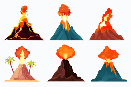 Volcano set. Rock exploding with magma, smoke and ashesのイラスト素材