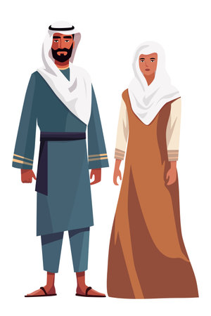 Muslim couple wearing traditional clothes. Vector illustration of diverse cartoon islam people in traditional. isolated on white.のイラスト素材