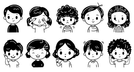 Collection of black and white hand drawn kids faces. Kid emotions. Thinking teenager. Black and white headsのイラスト素材