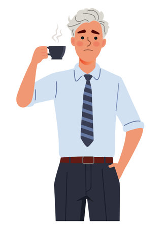 A flat-style illustration of a man with white hair wearing a light blue shirt and a striped tie, holding a cup of coffeeのイラスト素材