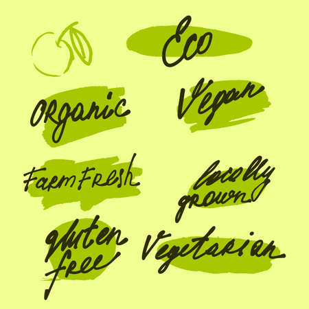 Organic food labels and elements, set for food and drink, restaurants and organic products vector illustration.のイラスト素材