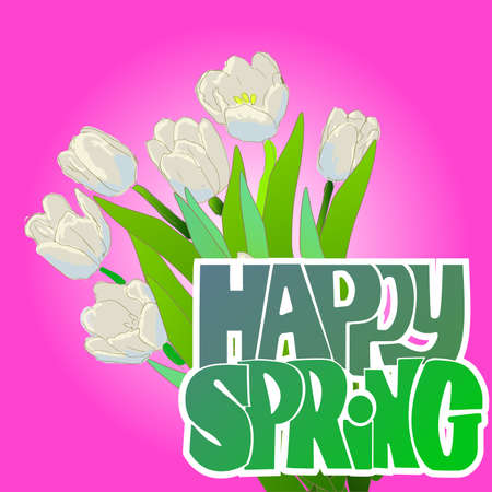 Happy spring.Fun quote handwritten with brush calligraphy. Vector typography design for cards, t-shirt, posters and social media content.のイラスト素材