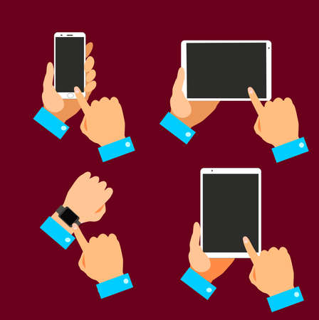 Flat design with hands holding mobile devices and wearing technology products.のイラスト素材