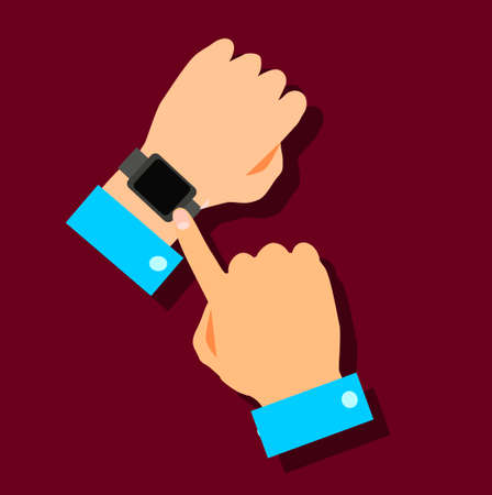 Flat design with hands holding mobile devices and wearing technology products.のイラスト素材