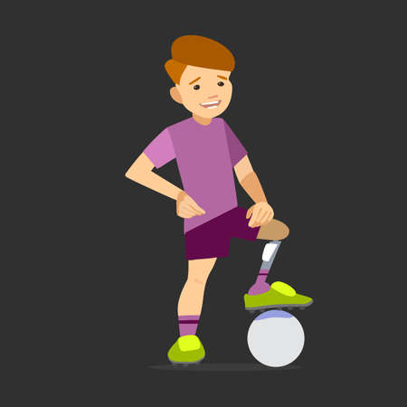 athlete child on the prosthesis with a soccer ball. Vector illustration flat design.のイラスト素材