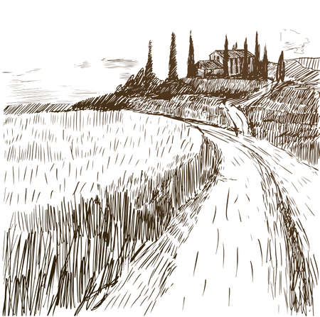 Old house in the background with the Fields of harvest. Hand drawn vector illustration.のイラスト素材