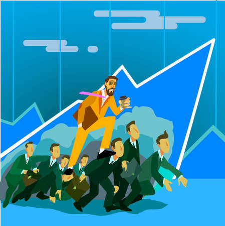 Successful and confident businessman on background of conventional business people. The path to success. Business concept illustrationのイラスト素材