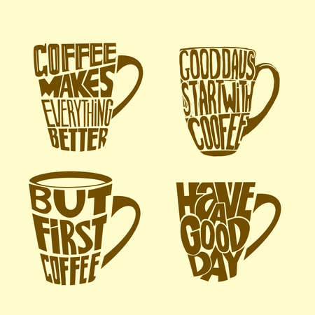 Hand drawn coffee set inspirational and encouraging quote. Vector isolated typography design.のイラスト素材
