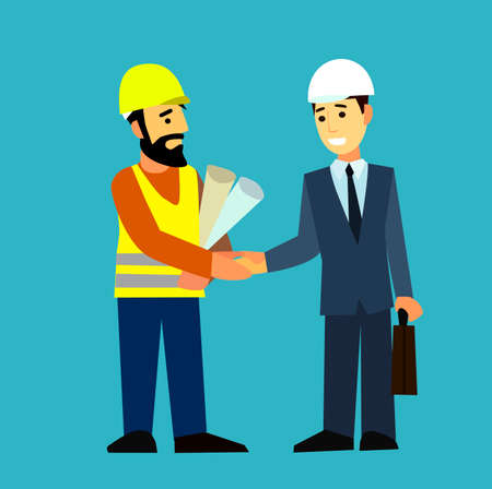Construction Engineering Industrial Workers Project Manager.Flat design vector characters.Illustration.のイラスト素材