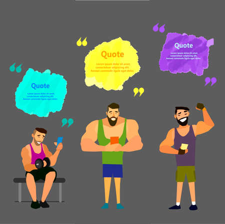 Set of muscular, bearded mans smartphone vector illustration.Hipster selfie.のイラスト素材