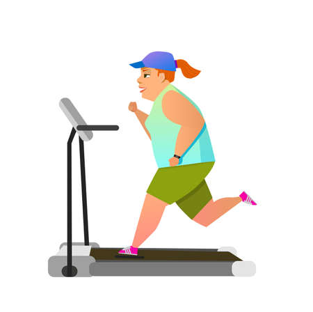 Fat girl running on treadmill. Flat style modern vector illustration.のイラスト素材