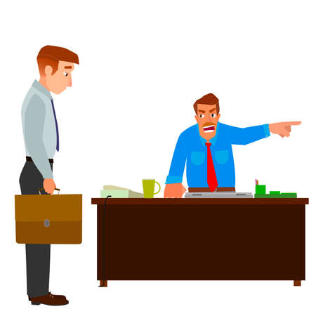 Boss dismisses employee, pointing his finger at the door.Flat design modern vector illustration.のイラスト素材