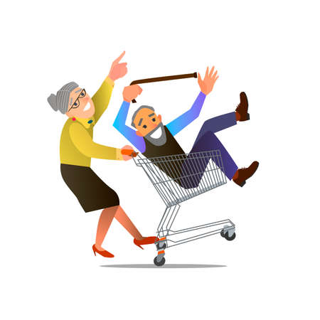 An old couple fooling around in the supermarket.Vector illustration of flat design.のイラスト素材