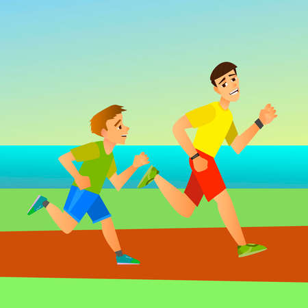 Father and son run the sport.Vector illustration of a flat design.のイラスト素材