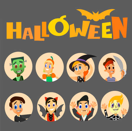 Happy children Halloween avatar costume collection and crow.Vector illustration of a flat design.のイラスト素材