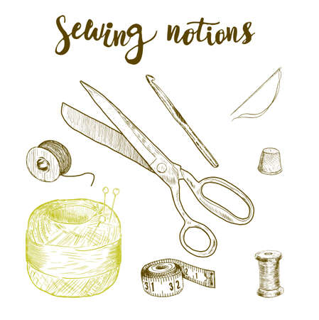 Sewing notions. Hand drawn thread, needle, scissors, ball of yarn, knitting needles, crochet. Vector illustrationのイラスト素材