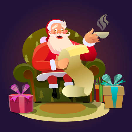 Santa in the chair. Christmas greeting card background poster. Vector illustration.のイラスト素材