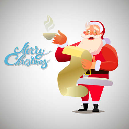 Smiling Santa Claus holding a Cup of coffee holding a letter. Christmas Typographic Background. Merry Christmas. Santa. Christmas card background of the poster. Vector illustration.のイラスト素材