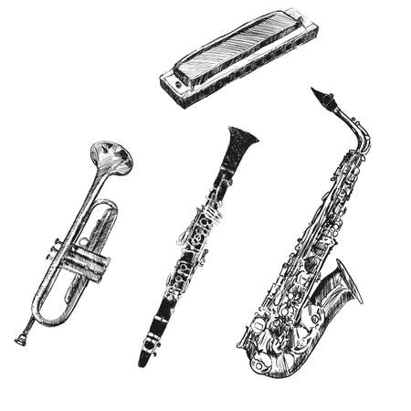 Musical instruments. Sketch hand drawn vector illustration. Engraving retro vintage style.のイラスト素材