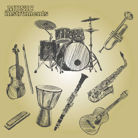 Musical instruments. Sketch hand drawn vector illustration. Engraving retro vintage style.のイラスト素材