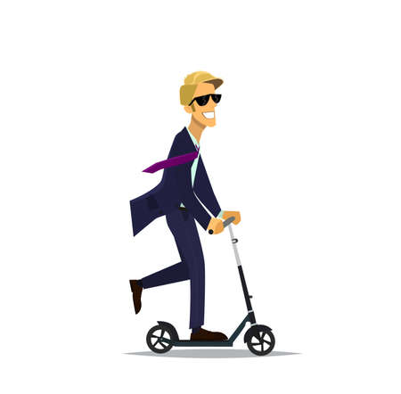 Happy businessman riding on scooters. Businessman to go to work on the scooter. Vector illustration of a flat design.のイラスト素材