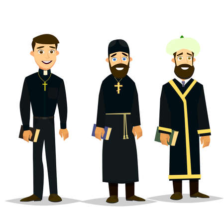 A Catholic priest, Orthodox priest and a Muslim Imam. Vector illustration in a flat style.のイラスト素材