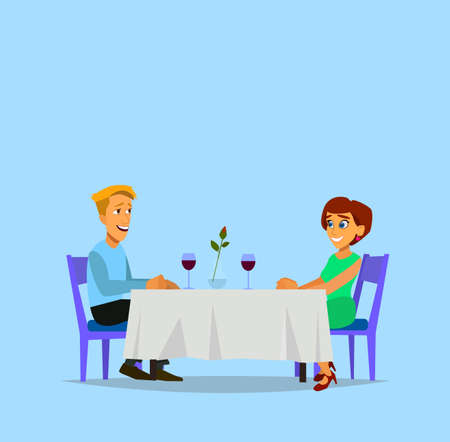 Romantic dinner. Man and woman sitting at the table. Vector illustration in flat style.のイラスト素材