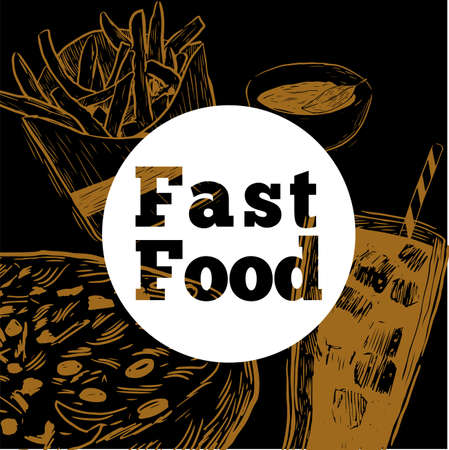 Pub food frame vector illustration. Beer, meat, pizza, fast food and snacks hand drawn. Food set for pub design top view. Vintage engraved illustration for beer restaurant for beer restaurant.のイラスト素材