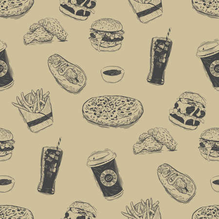 Seamless background with a pattern of fast food.のイラスト素材