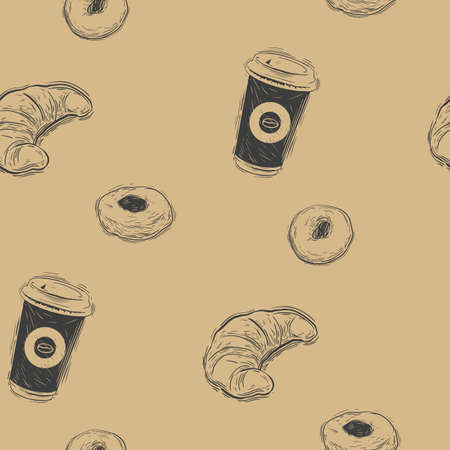 Seamless background with a pattern of fast food. Burger, fries and soda with ice.のイラスト素材