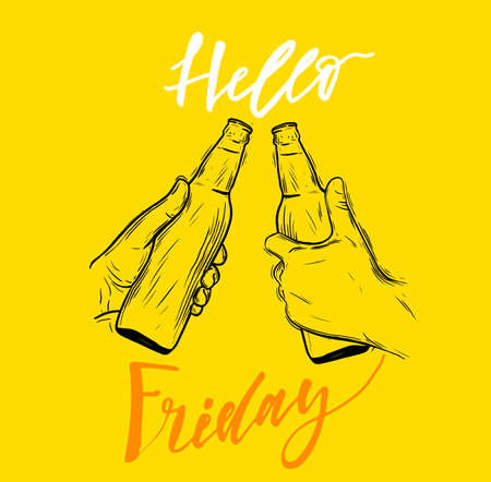 Conceptual handwritten phrase Hello friday. Hand drawn tee graphic. Typographic print poster. T shirt hand lettered calligraphic design. Vector illustration.のイラスト素材