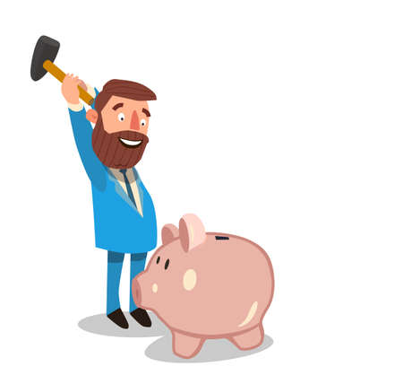Young man is breaking piggy money bank with hammer to take his savings.のイラスト素材