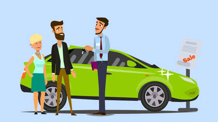 Sale of a new car. The seller at the car showroom shows the vehicle.のイラスト素材
