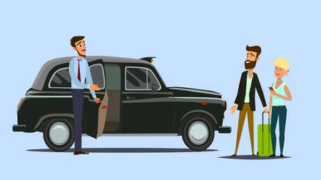 Taxi driver and taxi customers of the service.Vector illustration in flat style.のイラスト素材