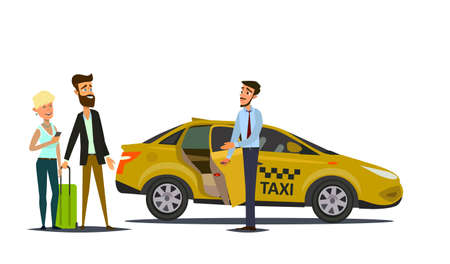 Taxi driver and taxi customers of the service.Vector illustration in flat style.のイラスト素材